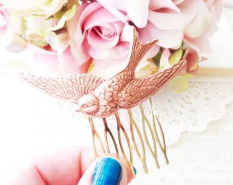 Rose Gold Flying Sparrow Hair Comb - Swallow Hair Comb - Flying Bird Hair Comb - Woodland Hair - Wedding Hair Comb - Rose Gold Bird Comb
