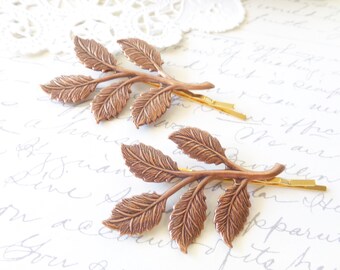 Copper Leaf Branch Bobby Pin Set - Woodland Collection - Whimsical - Nature - Bridal