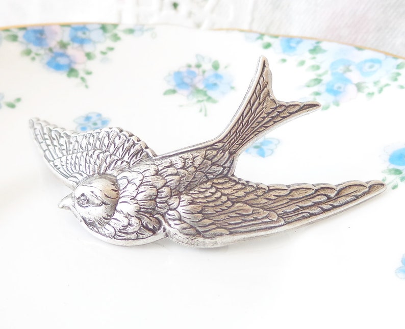 Silver Sparrow Hair Barrette Silver Sparrow Silver Swallow Barrette Whimsy Whimsical Woodland Bridal Hair Barrette image 1