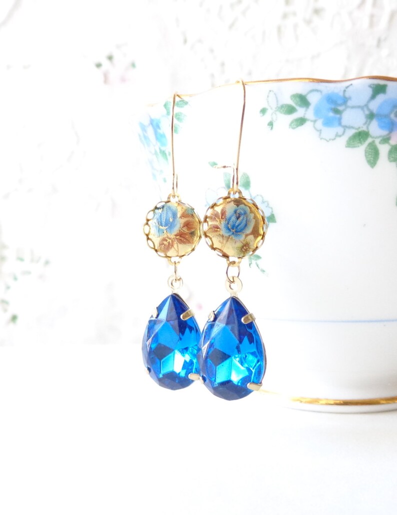 Dangle Earrings Bridal Blue Rose Earrings Bridesmaid Earrings Vintage Limoges Earrings Vintage Sapphire Rhinestone Earrings