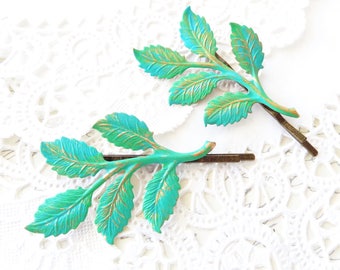 Patina Leaf Branch Bobby Pin Set - Hand Patina Leaf Branch Hair Pins - Woodland Branch Hair Pins - Wedding Hair Pins - Bridal Hair Pins