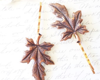 Golden Copper Leaf Hair Pin Set - Leaf Bobby Pin - Woodland - Copper Leaf - Wedding hair - Bridal Hair Pins