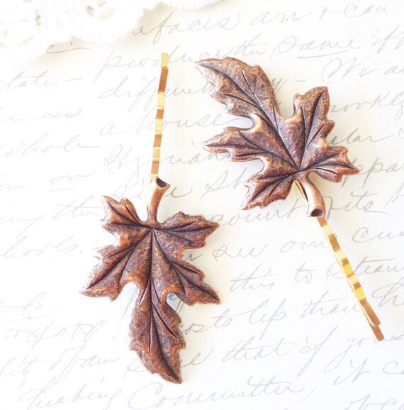 Golden Copper Leaf Hair Pin Set - Leaf Bobby Pin - Woodland  display picture 1