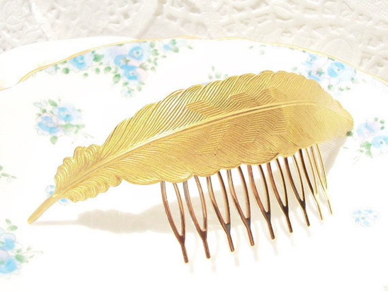 Gold Feather Hair Comb Large Gold Feather Comb Wedding Hair Comb Bridal Hair Comb Large Gold Feather Woodland Hair Comb image 1