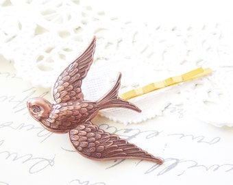 Copper Sparrow Hair Pin - Copper Swallow Bobby Pin - Woodland Collection - Bridal - Flight - Bird - Wedding Hair Accessory