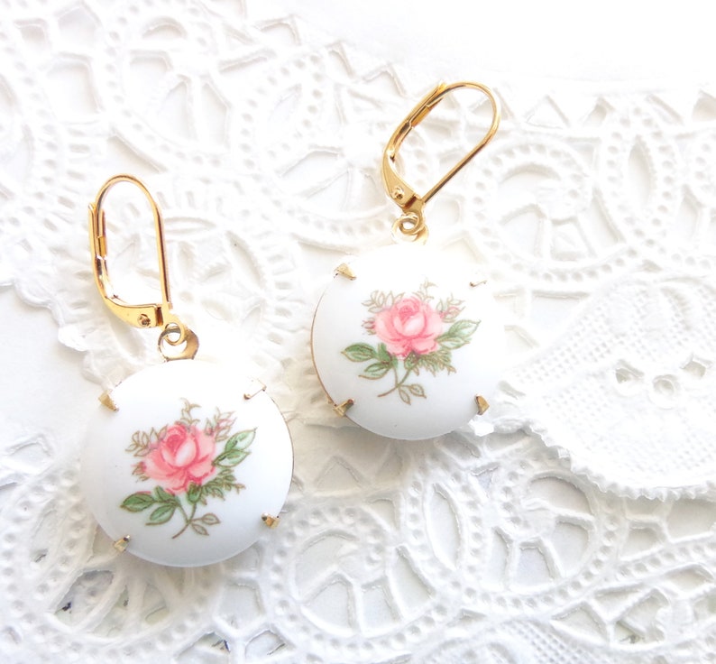 Vintage limoges Earrings Vintage pink rose Earrings Gold flower Earrings Pink dangle Earrings Rose Earrings Porcelain Pink Rose image 1