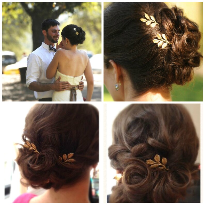 Golden Leaf Branch Bobby Pin Set Leaf Spray Hair Pins Woodland Leaf Hair Pins Whimsical Nature Bridal image 3