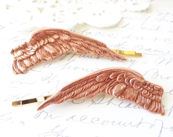 Rose Gold Feather Hair Pin Set - Angel Wing Bobby Pin - Feather Bobby Pins - Large Rose Gold Feather - Bridal Feather Hair Pins - Angel Wing