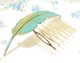 Gold Verdigris Feather Hair Comb - Woodland Collection - Whimsical - Nature - Bridal - Patina