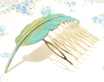 Gold Verdigris Feather Hair Comb - Woodland Collection - Whimsical - Nature - Bridal - Patina