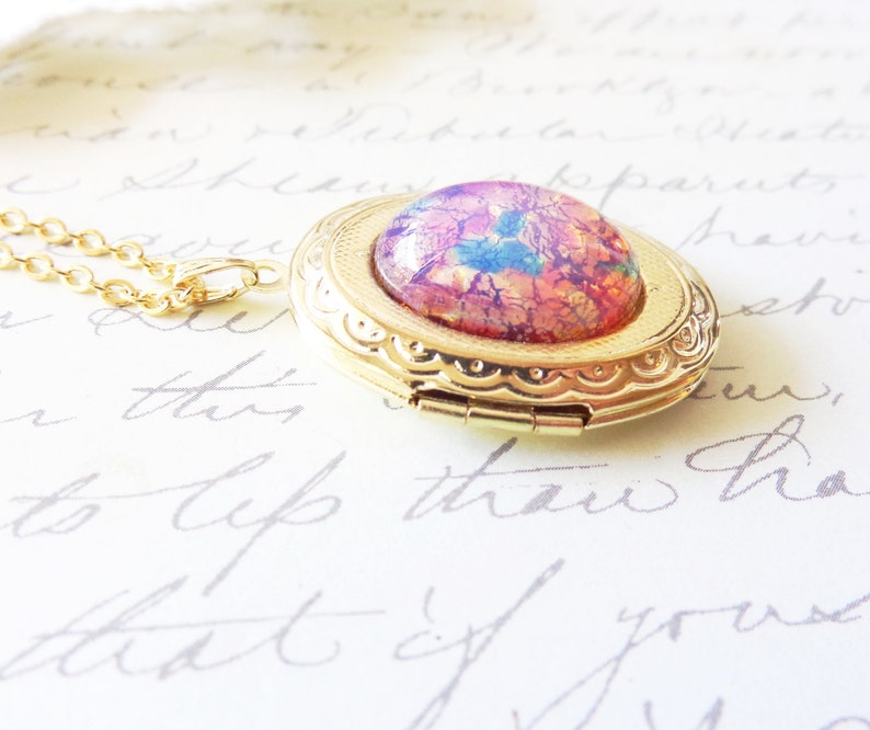 Pink Fire Opal Locket Necklace Gold Locket Birthstone Locket Necklace Keepsake October Birthday Gift Fire Opal image 4