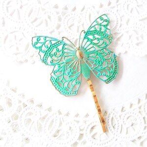 Large Butterfly Hair Pin - Green Patina Butterfly Bobby Pin - Ornate Filigree Butterfly Hair Pin - Aqua Butterfly Hair Pin - Woodland Hair