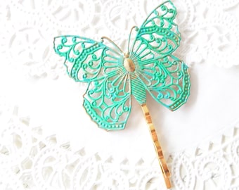 Große Schmetterling HaarNadel - grüne Patina Schmetterling Bobby Pin - verziertfilrigranen Schmetterling Haar Nadel - Aqua Schmetterling Haarnadel - Wald Haar