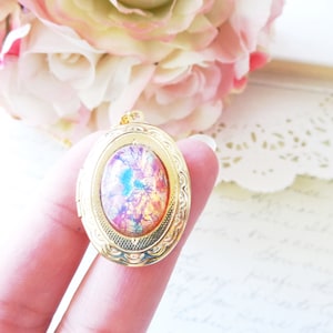 Pink Fire Opal Locket Necklace Gold Locket Birthstone Locket Necklace Keepsake October Birthday Gift Fire Opal image 3