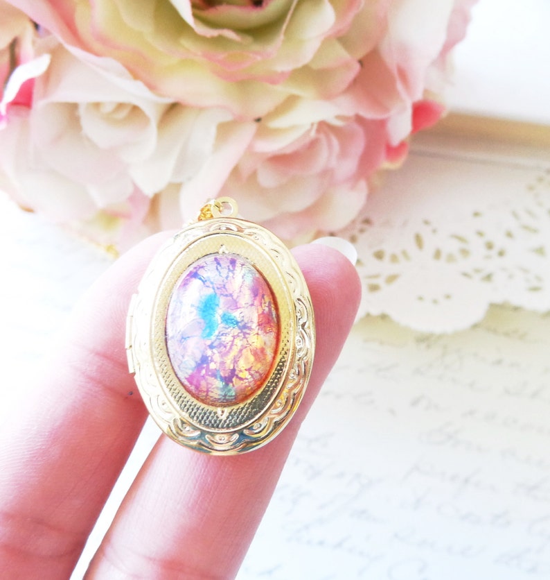 Pink Fire Opal Locket Necklace Gold Locket Birthstone Locket Necklace Keepsake October Birthday Gift Fire Opal image 3