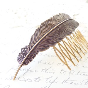 Ox Brass Feather Hair Comb Antique Brass Woodland Collection Whimsical Nature Bridal image 2