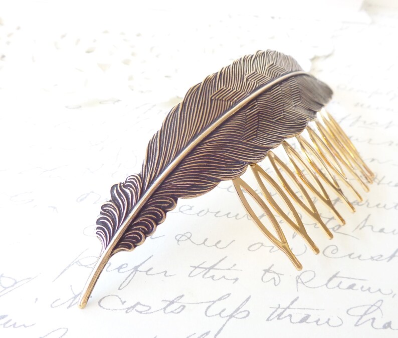 Ox Brass Feather Hair Comb Antique Brass Woodland Collection Whimsical Nature Bridal image 2