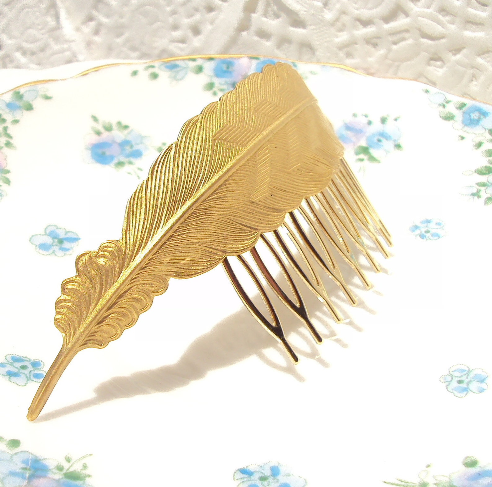 Gold Feather Hair Comb Large Gold Feather Comb Wedding Etsy