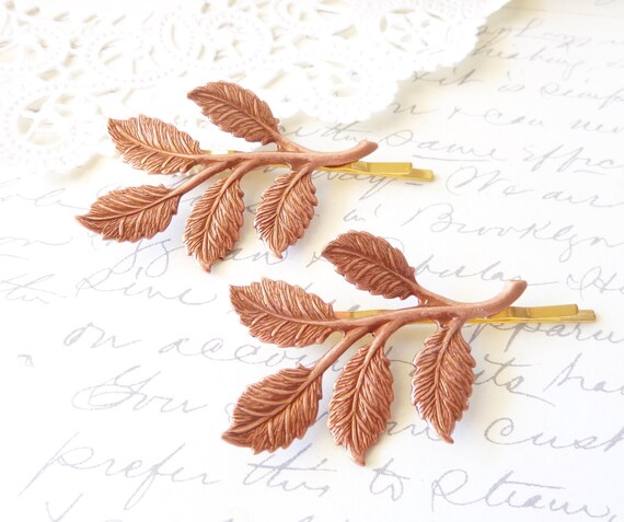 Rose Gold Leaf Branch Bobby Pin Set - Leaf Spray Hair Pins  display picture 3
