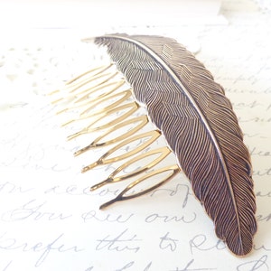 Ox Brass Feather Hair Comb Antique Brass Woodland Collection Whimsical Nature Bridal image 3