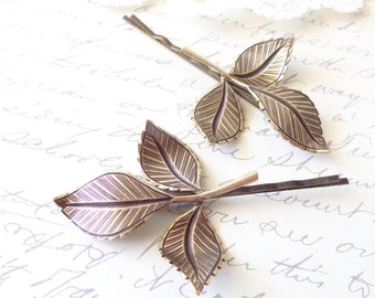 Golden Ox Brass Leaf Branch Bobby Pin Set - Leaf Hair Pins - Woodland Hair Pins - Rustic Leaf Hair Pin Set - Bridal Leaf Hair Pins