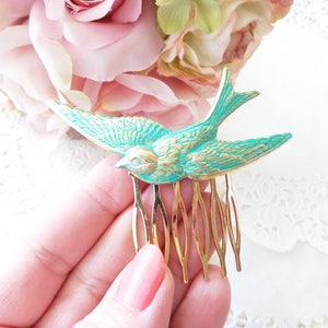Aqua Flying Sparrow Hair Comb Golden Turquoise Patina Large Sparrow Hair Accessory Large Bird Hair Comb Woodland Swallow Hair Comb image 3