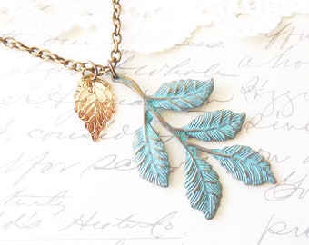 Verdigris Leaf Spray Necklace - Verdigris Leaf Branch Necklace - Gold Leaf Charm Necklace - Woodland Leaf Necklace - Layering Necklace