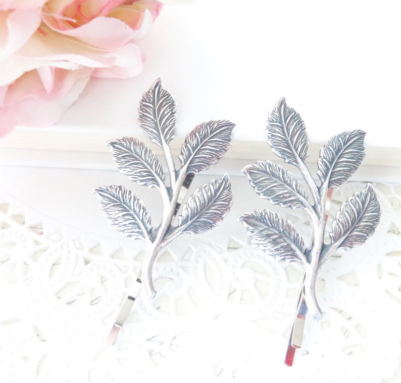 Sterling Silver Plated Leaf Branch Bobby Pin Set Woodland Leaf Hair Pins Wedding Leaf Branch Hair Accessory Bridal Hair Pins image 4