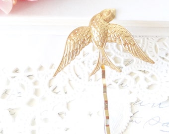 Gold Sparrow Hair Pin - Gold Sparrow Bobby Pin - Gold Sparrow Swallow - Gold Flying Bird - Bird Hair Accessory - Woodland Wedding - Bridal