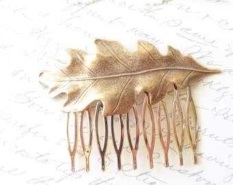 Golden Ox Brass Leaf Hair Comb - Oak Leaf Hair Comb - Woodland Leaf Hair Accessory - Wedding Hair Comb - Bridal Oak Leaf Hair Comb