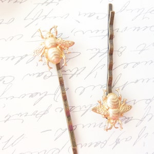 Golden Brass Bumble Bee Hair Pins Bumble Bee Bobby Pins Bumblebee Woodland Nature Wedding Hair Insect Fly Moth Bee image 3