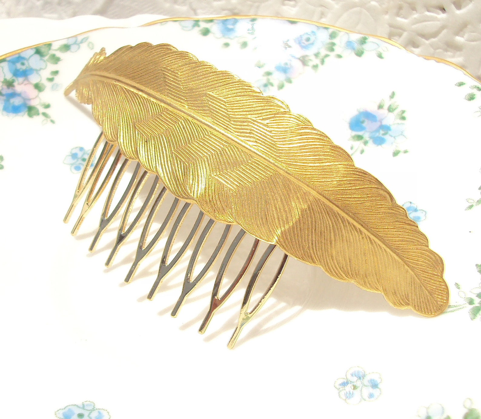 Gold Feather Hair Comb Large Gold Feather Comb Wedding Etsy