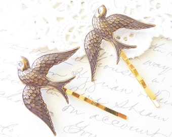 Golden Antique Brass Sparrow Hair Pin Set - Swallow Bobby Pin Set - Woodland Hair - Bridal - Nature - Flight - Bird - Wedding Hair Accessory