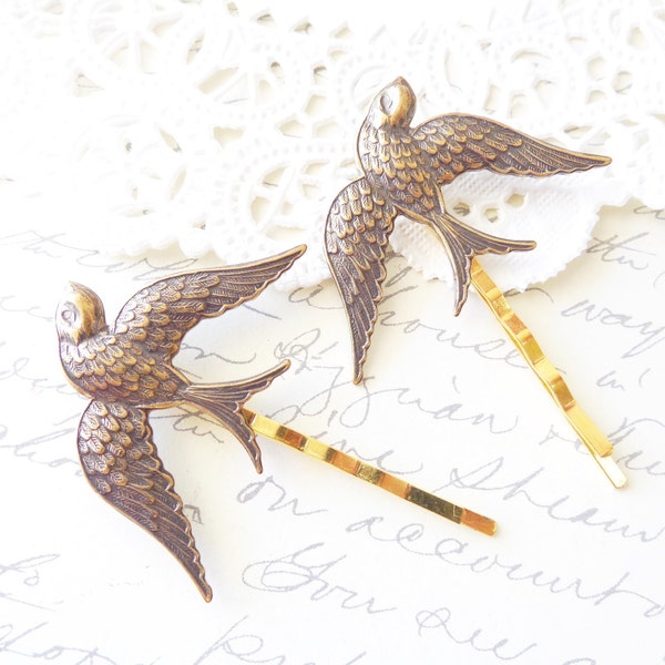 Golden Antique Brass Sparrow Hair Pin Set - Swallow Bobby Pin Set - Woodland Hair - Bridal - Nature - Flight - Bird - Wedding Hair Accessory