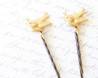 Gold Bird on a Branch Hair Pin Set - Woodland Collection - Whimsical - Nature - Bridal - Sparrow - Swallow