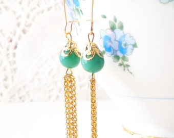 Gold Tassel Earrings - Beaded Tassel Earrings - Jade Green Opaque Tassel Earrings - Long Dangle Earrings - Gold Chain Tassel Earrings