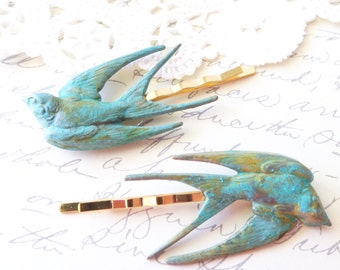 Verdigris Sparrow Hair Pins - Bird - Swallow - Take Flight Bobby Pin Set - Woodland - Garden Wedding - Bridal Hair - Green Mint Patina