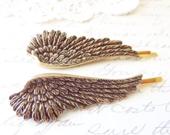Ox Brass Feather Hair Pins - Feather Bobby Pins - Golden Brass Feather Hair Pins - Woodland Feather Hair Accessory - Angel Wing Hair Pins