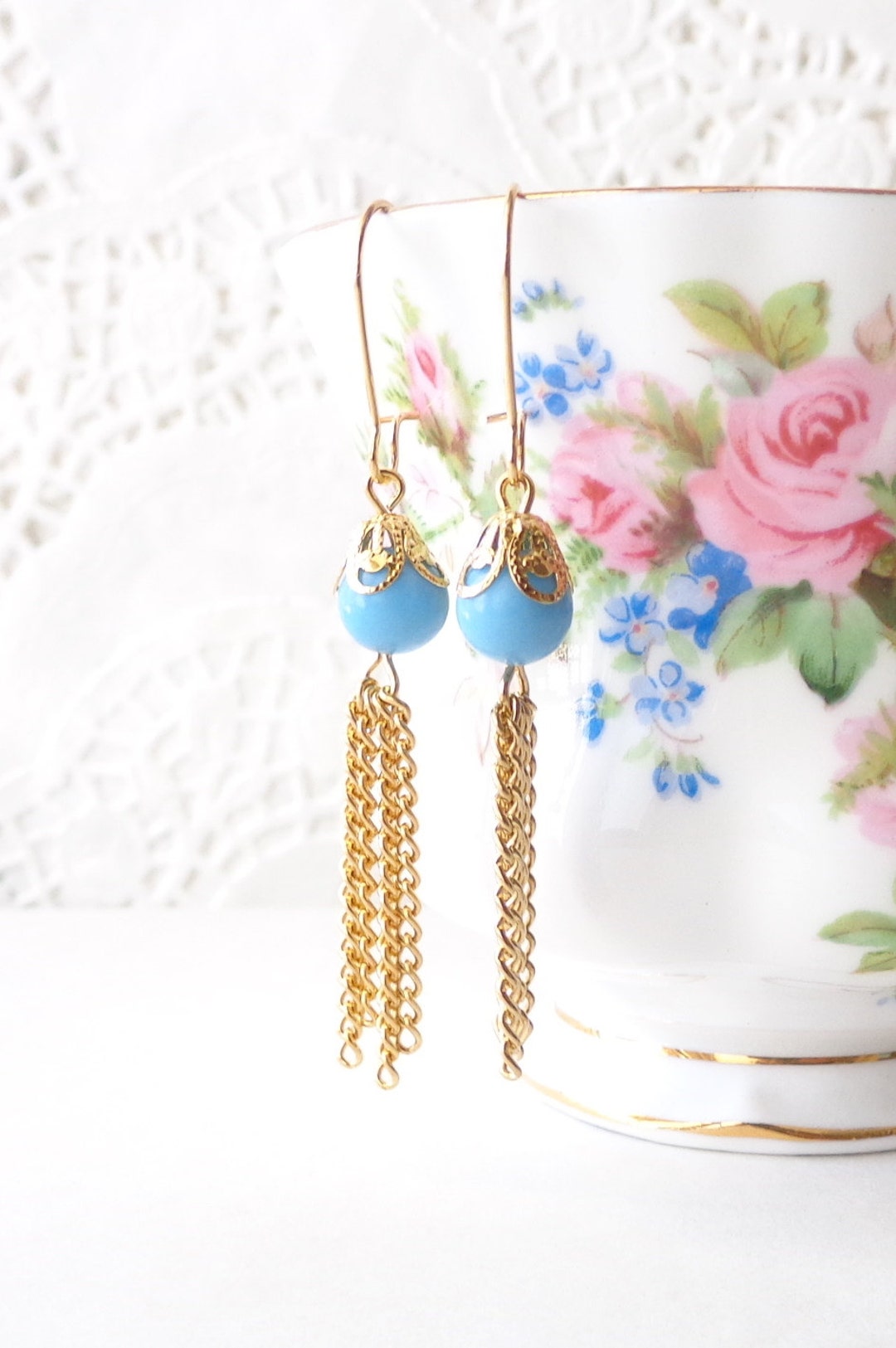 Gold Tassel Earrings Beaded Tassel Earrings Blue Opaque Tassel Earrings ...