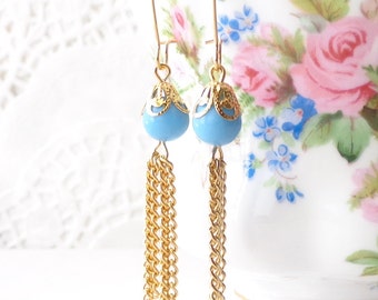 Gold Tassel Earrings - Beaded Tassel Earrings - Blue Opaque Tassel Earrings - Long Dangle Earrings - Gold Chain Tassel Earrings