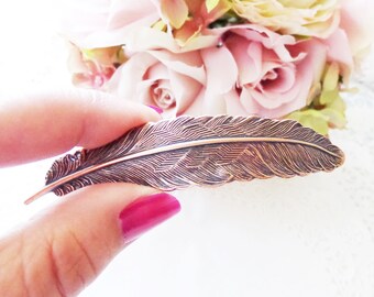 Copper Feather Hair Barrette - Large Feather Hair Clip - French Feather Hair Barrette - Woodland Feather Barrette - Wedding Hair Clip