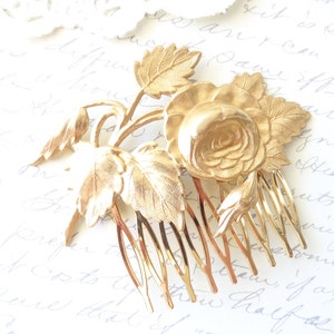 Golden Cabbage Rose Hair Comb - Rose Leaf Gold Hair Comb - Rose Blossom - Wedding Hair - Bridal Hair
