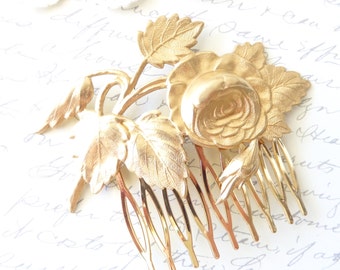 Golden Cabbage Rose Hair Comb - Rose Leaf Gold Hair Comb - Rose Blossom - Wedding Hair - Bridal Hair