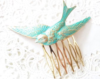 Aqua Flying Sparrow Hair Comb - Golden Turquoise Patina Large Sparrow Hair Accessory - Large Bird Hair Comb - Woodland Swallow Hair Comb