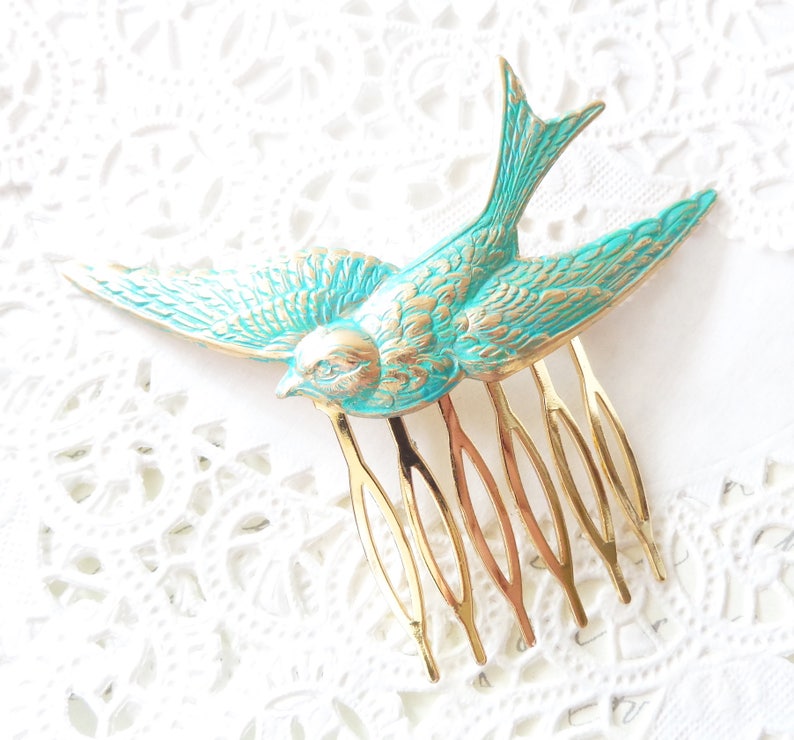 Aqua Flying Sparrow Hair Comb Golden Turquoise Patina Large Sparrow Hair Accessory Large Bird Hair Comb Woodland Swallow Hair Comb image 1