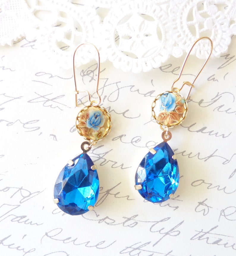 Dangle Earrings Bridal Blue Rose Earrings Bridesmaid Earrings Vintage Limoges Earrings Vintage Sapphire Rhinestone Earrings