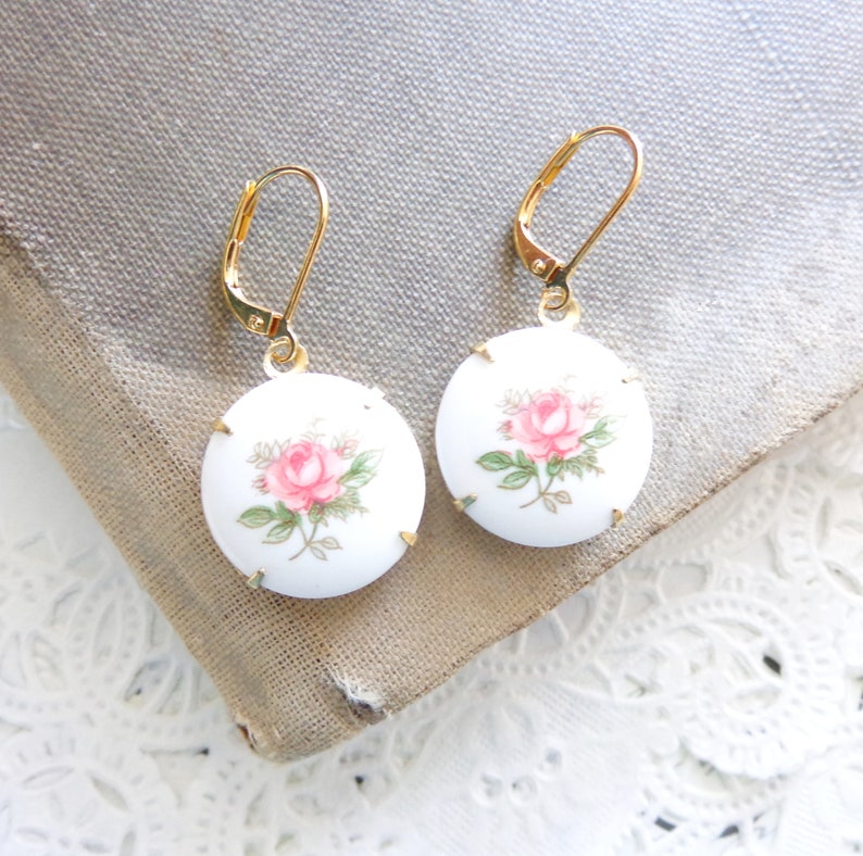 Vintage limoges Earrings Vintage pink rose Earrings Gold flower Earrings Pink dangle Earrings Rose Earrings Porcelain Pink Rose image 4