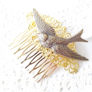 Gold Flying Sparrow Hair Comb Flying Swallow Hair Comb Ox Brass Bird Hair Comb Woodland Hair Comb Bridal Sparrow Hair Comb image 3