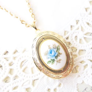 Vintage Rose Locket Necklace 16k Gold Plated - Gold Locket - Oval Locket - Keepsake - Vintage Limoges - Blue Rose Gold Locket