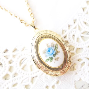 Vintage Rose Locket Necklace 16k Gold Plated - Gold Locket - Oval Locket - Keepsake - Vintage Limoges - Blue Rose Gold Locket